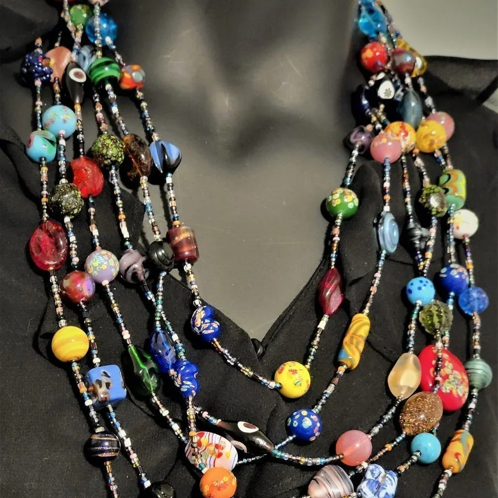 FABULOUS Vintage ITALIAN GLASS BEAD Triple Strand Necklace - Picture 1 of 8